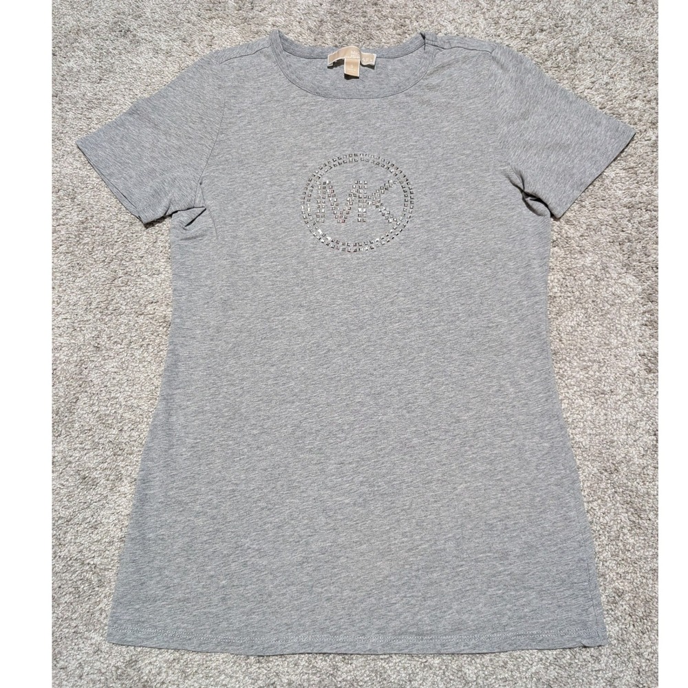 Michael Kors T-Shirt Women Small Gray MK Studded Logo Crew Neck Short Sleeve Top